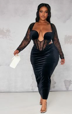 Plus Black Lace Detail Corset Velvet Midaxi Dress -US Dresses Sales Store e7dfb9f4033cef1b6ff79474838026043b90416b cnb4171 3