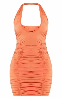 Orange Slinky Ruched Cross Neck Detail Bodycon Dress -US Dresses Sales Store e7eb20a4a1ba108f1b58e681df590fc91a68cbf1 cnd7714 5