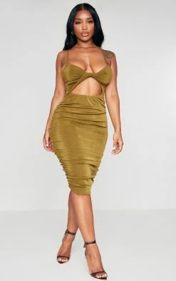 Shape Olive Acetate Slinky Twist Ruched Midi Dress
