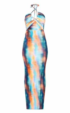 Multi Watercolour Plisse Cut Out Halterneck Maxi Dress -US Dresses Sales Store ea887b5f37040e3f018374afe2d9324fcac04f3c cne3007 5