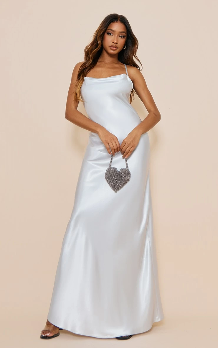 Silver Satin Cowl Neck Tie Back Maxi Dress 4 Silver Satin Cowl Neck Tie Back Maxi Dress - Image 2