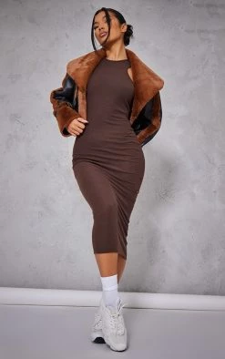 Chocolate Rib Binding Racer Neck Midi Dress