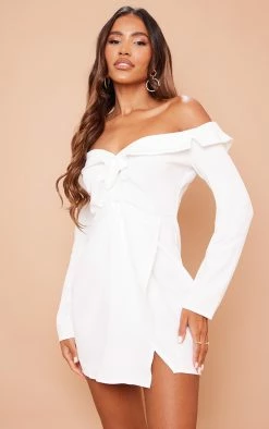 White Bardot Knot Detail Blazer Dress