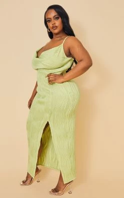 Plus Sage Green Textured Cowl Neck Side Split Midi Dress -US Dresses Sales Store ec74b44f9c17aae463c508ca541657c450e60ea8 cmw4082 4