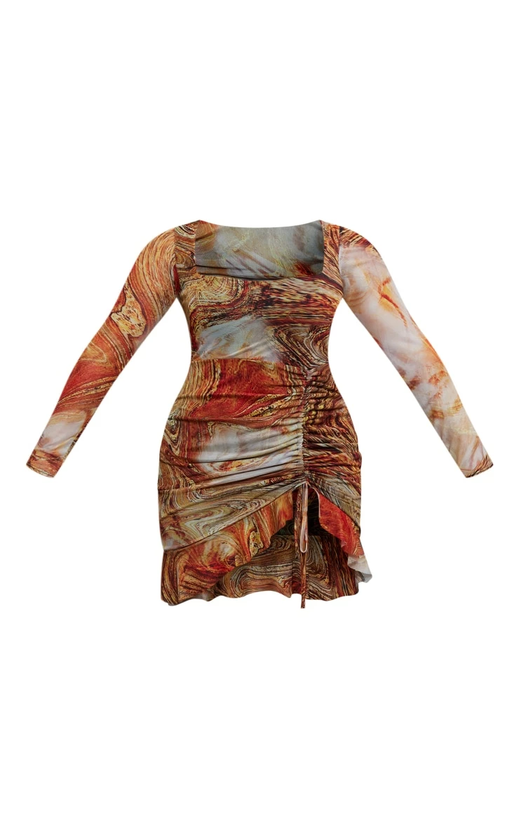 Shape Orange Swirl Print Mesh Long Sleeve Ruched Side Frill Hem Bodycon Dress 7 Shape Orange Swirl Print Mesh Long Sleeve Ruched Side Frill Hem Bodycon Dress - Image 5
