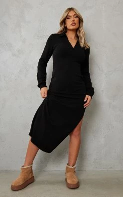 Black Marl Rib Polo Collar Split Detail Maxi Dress