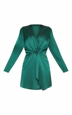 Plus Emerald Green Satin Long Sleeve Wrap Dress -US Dresses Sales Store f04530783e3793471284a4283edbce27f31a9384 CLY4982 3