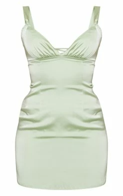 Sage Satin Ruched Bust Lace Up Back Detail Shift Dress -US Dresses Sales Store f05beef23a07a69c1854145a600ba1266b649a76 cnd5909 5