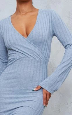 Grey Rib Wrap Midi Dress With Flared Cuff -US Dresses Sales Store f08568da7266622fe14911af513baeb0fec38ed5 cnc1138 4