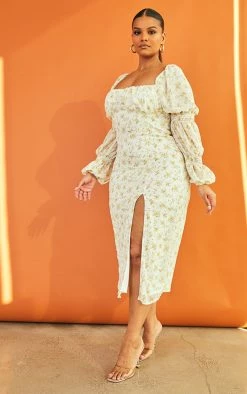 Plus Yellow Floral Puff Sleeve Midi Dress -US Dresses Sales Store f1f99d925c612f1fe8404e6fc645f07918e4275c cmw4105 4