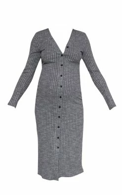 Maternity Dark Grey Fitted Soft Rib Midi Longsleeve Dress -US Dresses Sales Store f275231b2383be2f56932348b1e4524d2f372af0 cnb9932 5