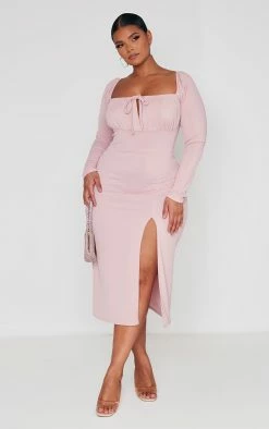 Plus Rose Puff Sleeve Tie Front Midi Dress