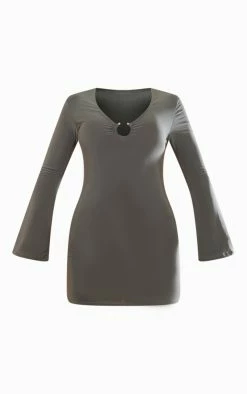 Khaki Slinky Trim Detail Long Sleeve Bodycon Dress -US Dresses Sales Store f4b902c25e27ff8c33387bf67714b89303353e48 cnc5771 5