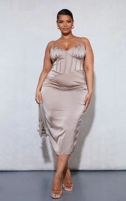 Plus Mocha Ruched Bust Satin Midi Dress