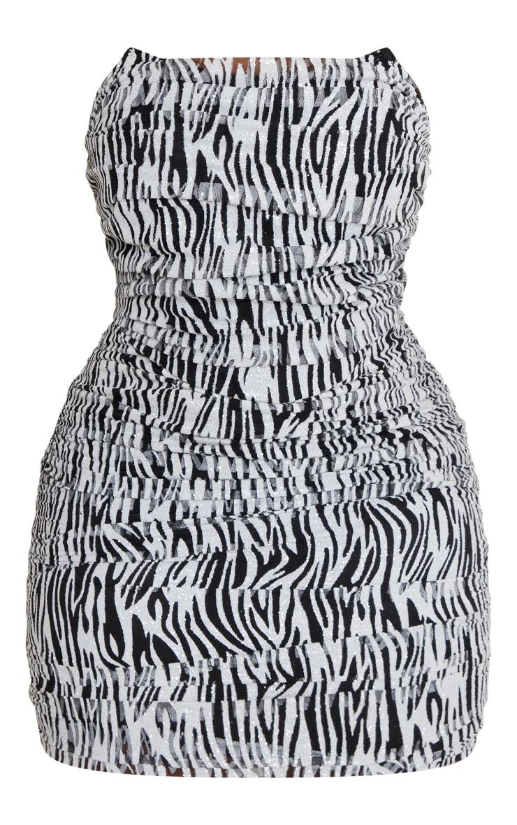 Shape White Glitter Zebra Print Ruched Corset Detail Bodycon Dress 7 Shape White Glitter Zebra Print Ruched Corset Detail Bodycon Dress - Image 5