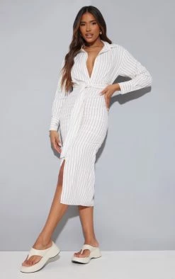White Striped Ruched Skirt Tie Waist Midi Shirt Dress -US Dresses Sales Store f703f39fac4e690293393b8bf3c4c9fa7fdbf8aa cmw9551 4