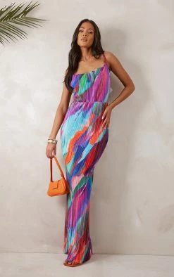 Tall Multi Abstract Print Plisse Strappy Maxi Dress