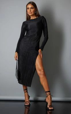 Black Plisse Long Sleeve Split Detail Midi Dress