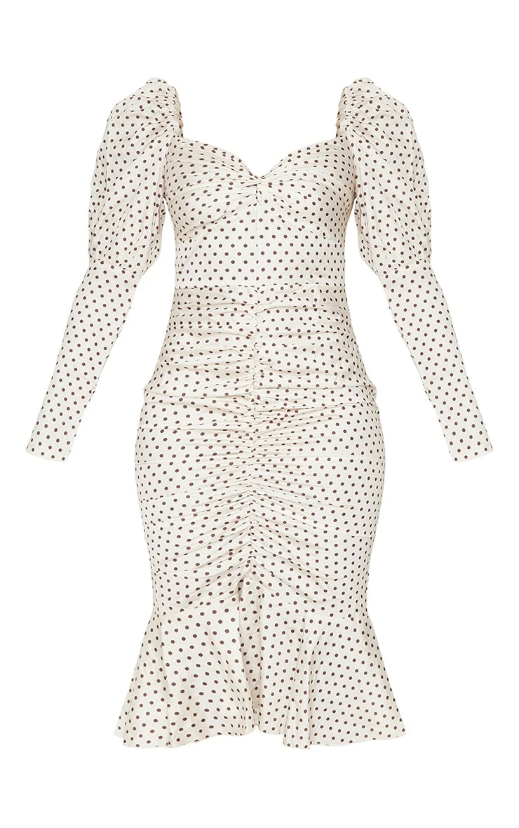 Nude Polka Dot Puff Sleeve Ruched Detail Frill Hem Midi Dress 7 Nude Polka Dot Puff Sleeve Ruched Detail Frill Hem Midi Dress - Image 5
