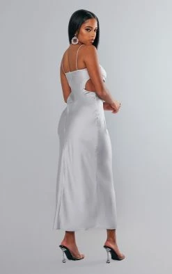 Silver Satin Cut Out Binding Detail Strappy Midi Dress -US Dresses Sales Store fb4a9fa88883bb152cb961119eb9e78dd336fe67 cnc7628 2