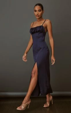 Navy Ruched Bust Split Satin Midi Slip Dress -US Dresses Sales Store fb7aec86793e6029638563db14355c896abd13a3 cnc7634 3