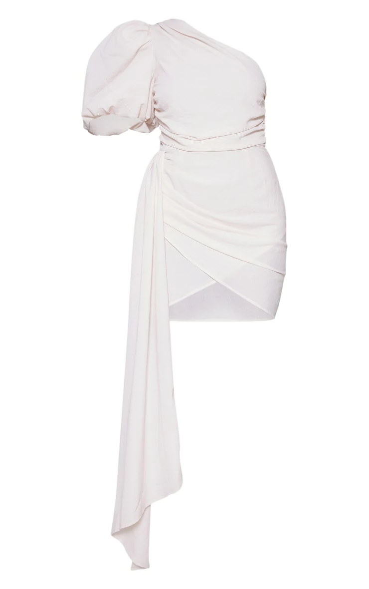 Cream One Shoulder Puff Sleeve Draped Bodycon Dress 7 Cream One Shoulder Puff Sleeve Draped Bodycon Dress - Image 5