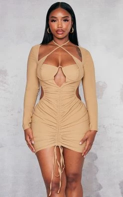 Shape Camel Woven Under Bust Ruched Cut Out Bodycon Dress -US Dresses Sales Store fc98161785b2ed2540b492c8ebd53a61894c4810 cnc1659 3