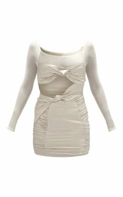 Cream Satin Bardot Twist Front Cut Out Bodycon Dress -US Dresses Sales Store ff236ab248d21b3819b0510dd0314aa8eb01f3e8 cnb5127 5