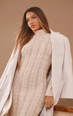 Oatmeal Roll Neck Cable Knit Dress -US Dresses Sales Store ff84e3af7804610836d0a657000f801572cbbb17 cnc0938 4