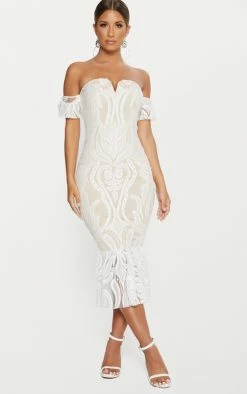 White Bardot Lace Frill Hem Midi Dress