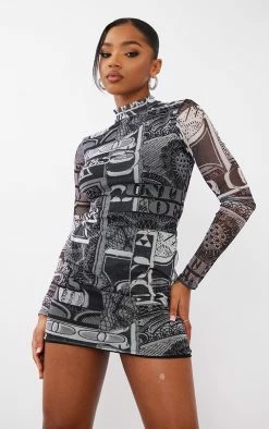 Monochrome Money Ruched Sleeve Mesh Bodycon Dress -US Dresses Sales Store ffc989ccfa783ccafb6965c39fe9ba61a37fed35 cnb7171 3